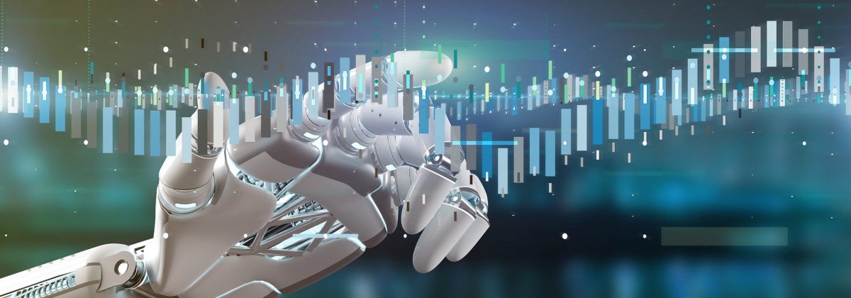 Cyborg hand holding a Business stock exchange trading data information 3d rendering